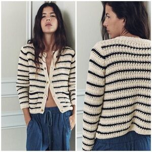 Zara Cream Navy Striped Crochet Knit Cardigan Sweater, Gold Buttons (Size M)